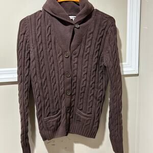 Tommy Hilfiger‎ Cable Knit Cardigan Sweater Shawl Collar Brown Medium